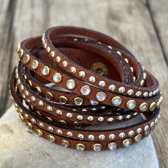 Jewelry - Leather Wrap Bracelet Cabochon Crystals + Champagne Gold Studs Use as choker too